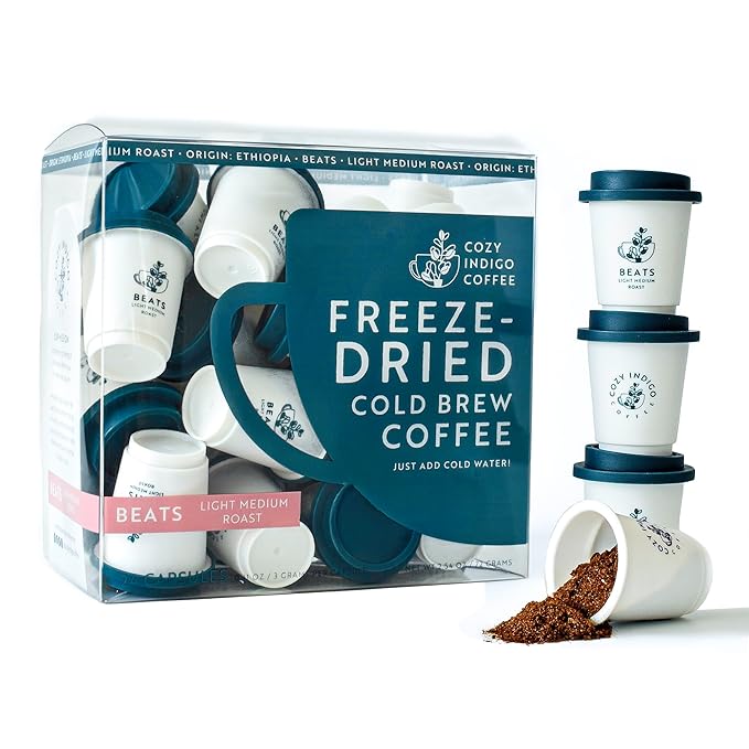 COZY INDIGO COFFEE - BEATS Cold Brew Light Medium Roast Instant Freeze Dried Specialty Coffee 24 Capsules 100% Arabica Beans Dissolves Instantly Enjoy Cold or Hot Perfect for Travel and On The Go