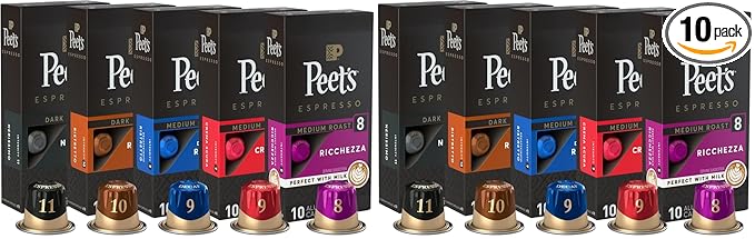 Peet's Coffee Dark and Medium Roast Espresso Capsules Variety Pack with Decaf Compatible with Nespresso Original Machine - Intensity 8-11 50 Count (5 Boxes of 10 Espresso Capsules) (Pack of 2)