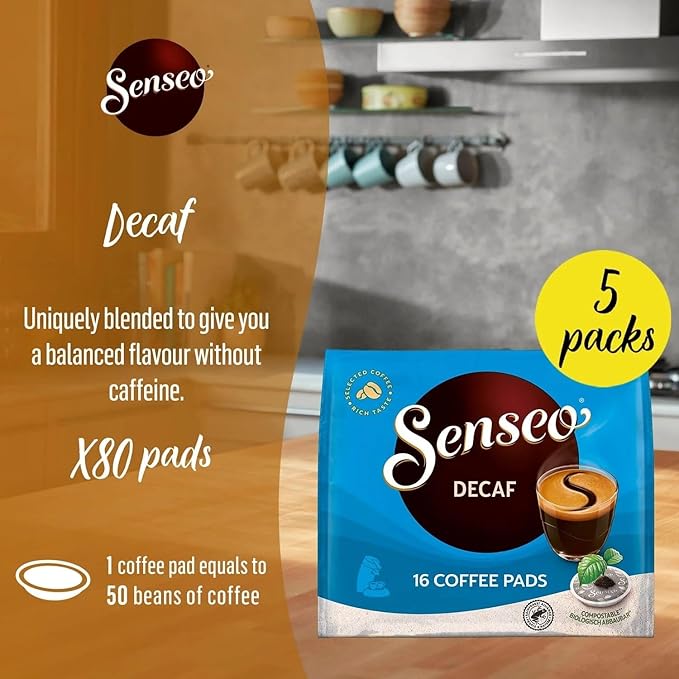 Senseo Decaf Coffee Pods 16 Count (Pack of 5) - Single Serve Coffee Pods Bulk Pack for Senseo Coffee Machine - Compostable Coffee Pods for Hot or Iced Decaffeinated Coffee Cold Brew Coffee