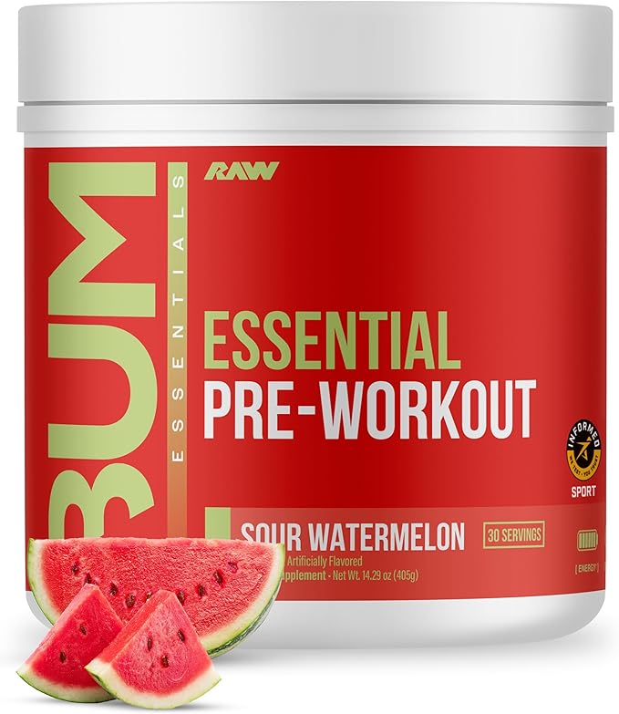 RAW Essential Pre-Workout Powder (Sour Watermelon) - Chris Bumstead Sports Nutrition Supplement for Men &amp Women - Preworkout Energy Powder with Caffeine L-Citrulline L-Tyrosine &amp Beta Alani
