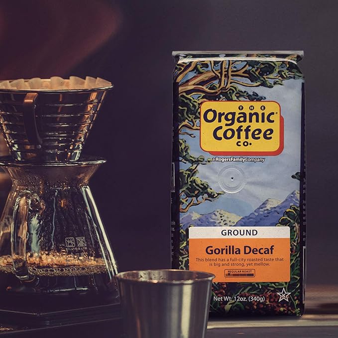 Organic Coffee Co. Gorilla Decaf Ground Coffee 12 Ounce Medium Light Roast Natural Water Processed Decaffeinated USDA Organic (Pack of 2)