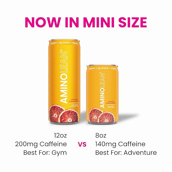AminoLean Energy Drink MINIS – Sugar Free Anytime Energy with Natural Caffeine &amp Vegan Amino Acids for No Jitters Tingles or Crash Sparkling Blood Orange 8 oz 12 Pack