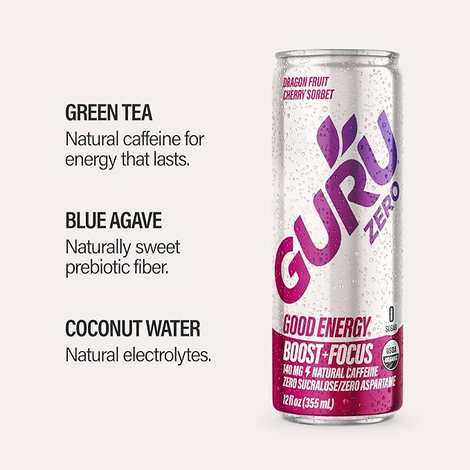 GURU ZERO SUGAR Dragon Fruit Cherry Sorbet Organic Energy Drink with Plant Based Natural Caffeine from Green Tea Coconut Water Prebiotic Zero Added Sugars Gluten Free &amp Vegan Pre Workout 140