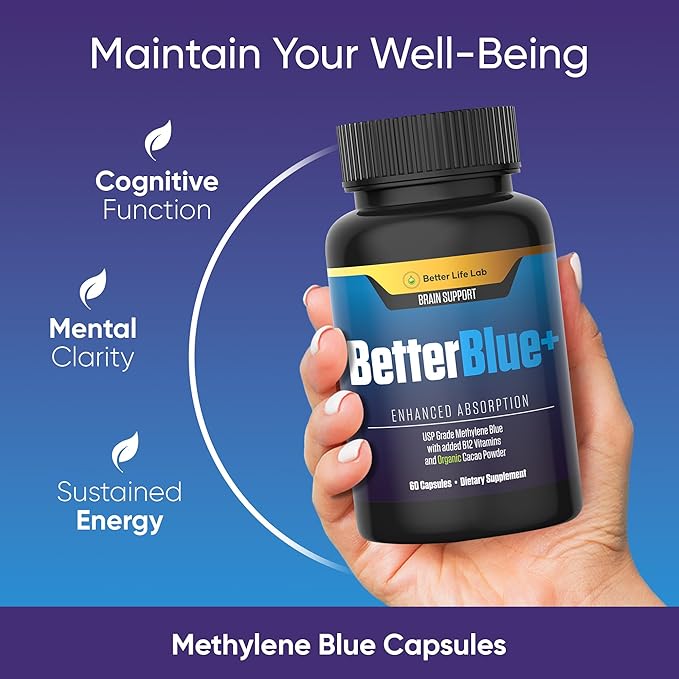 Methylene Blue Capsules 60 Count - Pharmaceutical Grade USP for Brain Energy and Cellular Health - Mental Clarity Support Supplement