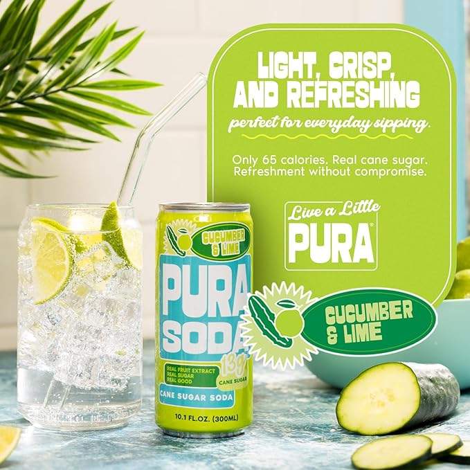 PuraSoda® Cucumber &amp Lime | 65 Calories &amp 13g Pure Cane Sugar per Can | Non-GMO Vegan | Made with Pure Cane Sugar Clean &amp Refreshing | 10 fl oz (300ml) Cans Pack of 24