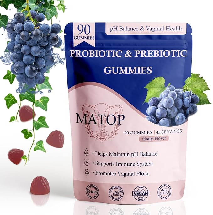 MATOP Vaginal Probiotic Prebiotic Gummies for Women - Vaginal pH Balance &amp Digestive Support Grape Flavor Vegan Sugar-Free Gluten-Free 90 Count