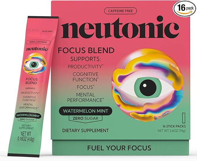 Neutonic Nootropic Focus Blend Powder | Watermelon Mint 16 Sticks | Caffeine Free Zero Sugar | Support Memory Mental Clarity Cognitive Function | Boost Focus Energy Brain Health