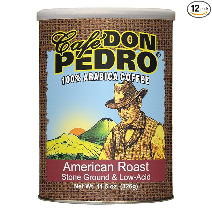 Cafe Don Pedro American Roast Naturally Low Acid Coffee Medium Roast Stone Ground Coffee Stomach Friendly Prevents Acid Reflux. 11.5 Ounce Regular Can (12 Cans)