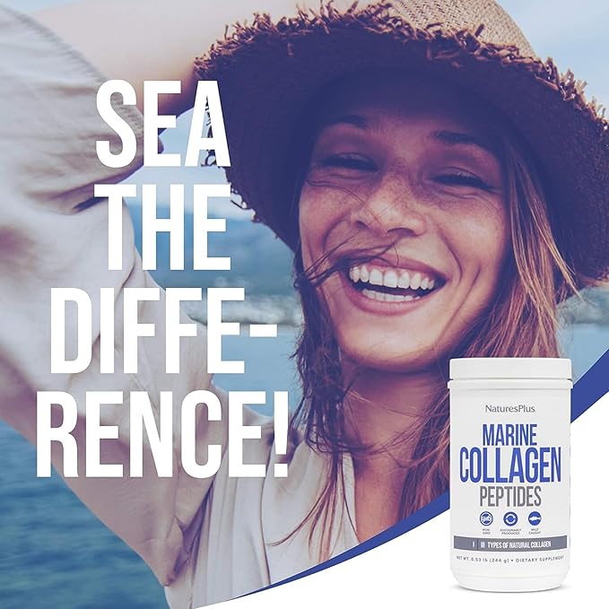 NaturesPlus Marine Collagen Peptides Unflavored - 0.54 lb - Hair Skin Nail &amp Joint Health Immune System Support - Gluten Free Non-GMO - 20 Servings