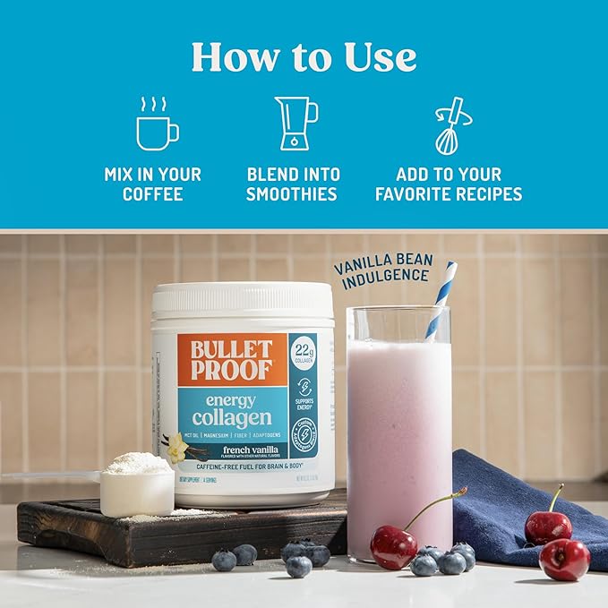 Bulletproof Energy Collagen Protein Powder Vanilla Bean 20g Grass-Fed Collagen Peptides 7g Fiber with MCT Oil &amp Adaptogens Caffeine-Free 18.3 Ounces