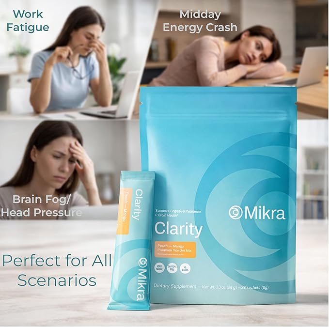 Mikra Clarity Nootropic Focus Drink Mix - Daily Cognitive &amp Calm Support Formula with Citicoline Lion’s Mane &amp L-Theanine - Calm Drink Mix &amp Focus Aid for Energy and Clarity - 14 Single-S