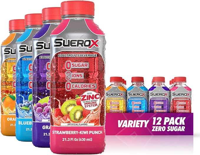 SueroX Zero Sugar Electrolyte Drink for Hydration and Recovery Unique Blend of Electrolytes &amp 8 Ions Zero Calorie Sports Drink 21.3 Fl Oz Variety Pack 12 Count