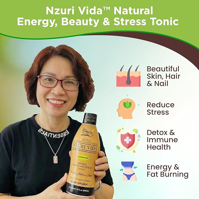 Nzuri Vida All-Natural Energy &amp Stress Support Tonic 10-in-1 Total Body Restoration Drink with Acai Berry Cupuacu &amp Yerba Mate. Smooth Energy Calm Focus Detox &amp Immune Support 4 Ounces