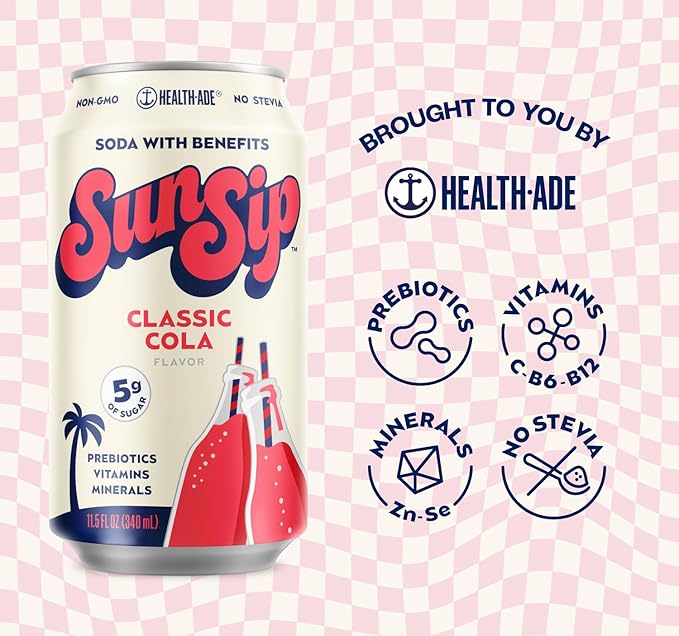 SunSip Prebiotic Soda by Health-Ade Better-for-You Soda Swap Beverage with Vitamins &amp Minerals Naturally Sweetened with 6g of Sugar Classic Cola 11.5 oz (12 Pack)