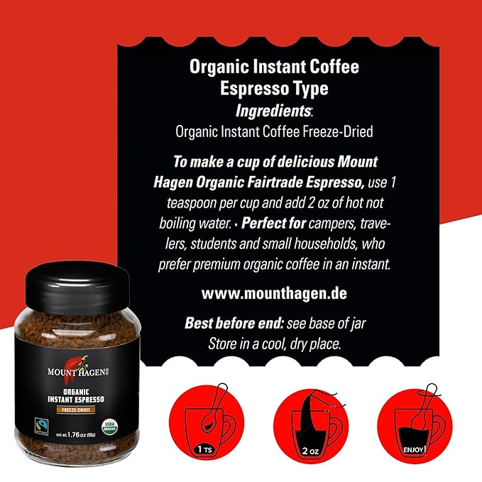 Mount Hagen Organic Freeze Dried Instant Coffee 7.05oz and Instant Espresso Ground Coffee 1.76oz Bundle