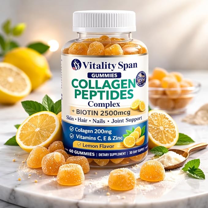Collagen Gummies for Women with Biotin 2500mcg Vitamin C E &amp Zinc – Hair Skin and Nails Gummies – Low Sugar Lemon Flavor – Beauty Supplement – 60 Gummies