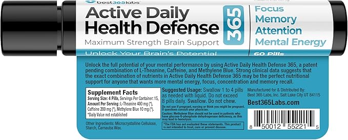 Maximum Strength Brain Support - Methylene Blue Caffeine and L-Theanine - Improve Focus and Memory - Unlock Your Brain’s Potential - 60 Tablets