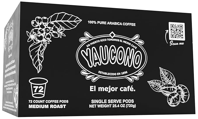 Yaucono Ground Medium Roast Arabica Coffee Single-Serve Pods 72 Count Compatible with Keurig K Cup Brewers
