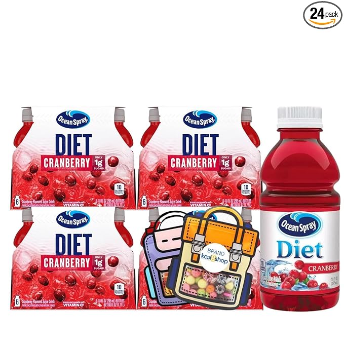 Ocean Spray Diet Cranberry Fruit Juice Drink 10 fl oz Plastic Bottles 24 Pack + 2 Reusable Snack Bags by KOOL8SHOP Infinite Deals