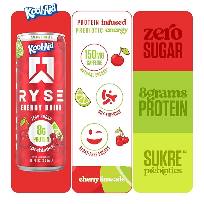 RYSE Functional Energy Drink - Kool-Aid Cherry Limeade - 150mg Natural Caffeine 8g Whey Protein &amp 1g Prebiotics - Sugar Free Gut-Friendly Bloat-Free - 12 fl oz Cans (12-Pack)