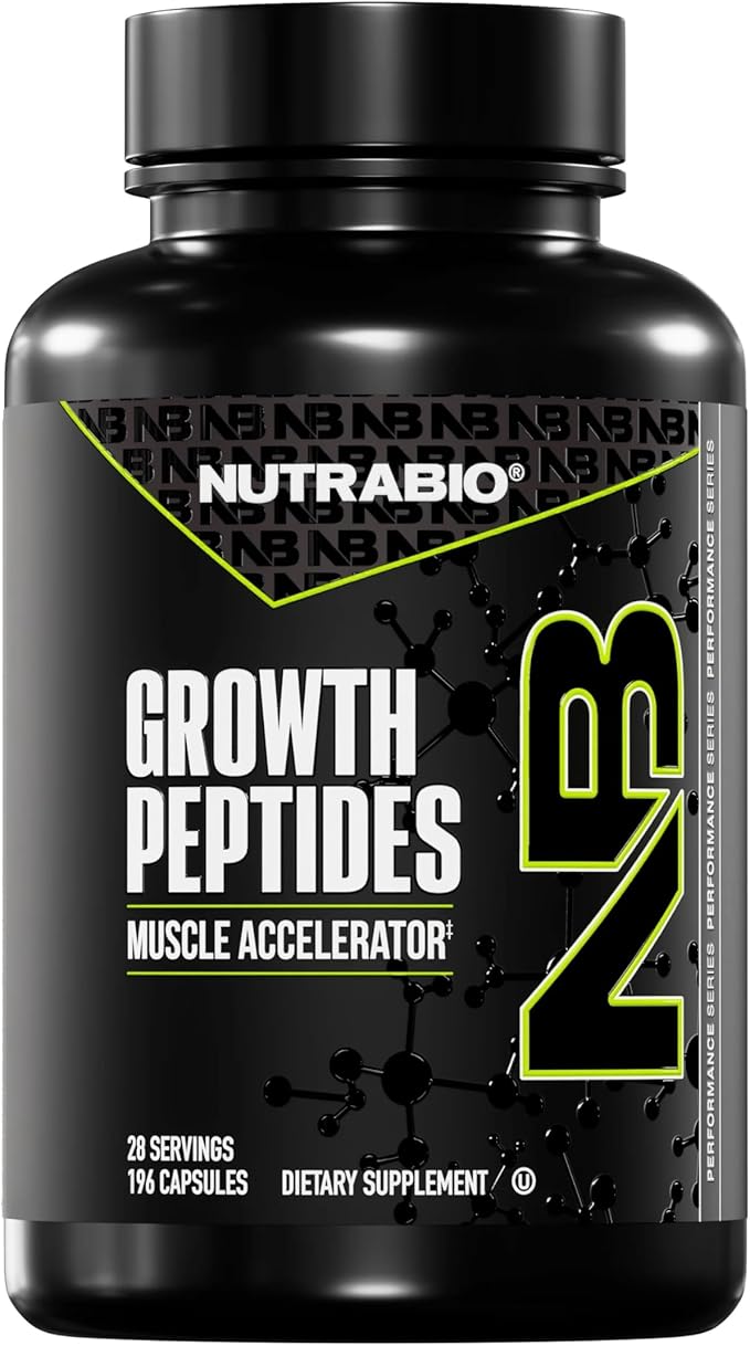 NutraBio Growth Peptides |Muscle Accelerator with DiLeucine &amp PeptiStrong | Peptides for Muscle Growth Men &amp Women- 28 Servings- 196 Capsules