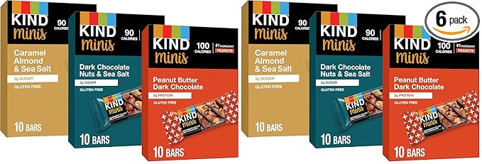 KIND Bar MinisVariety PackDark Chocolate Nuts and Sea SaltPeanut ButterCaramel AlmondHealthy Snacks3g ProteinGluten FreeLow Sugar/Calorie Snacks(Pack of 60)