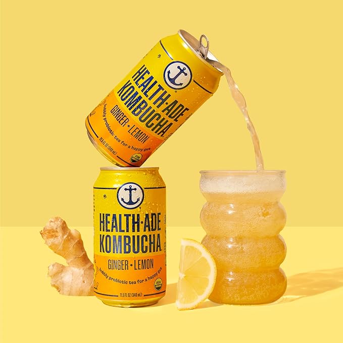 Health-Ade Ginger-Lemon Kombucha Organic Drink 12-Pack (11.5 Fl Oz Cans) - Fermented Tea with Probiotics Detoxifying Acids Supports Gut Health - Non-GMO Vegan Gluten-Free