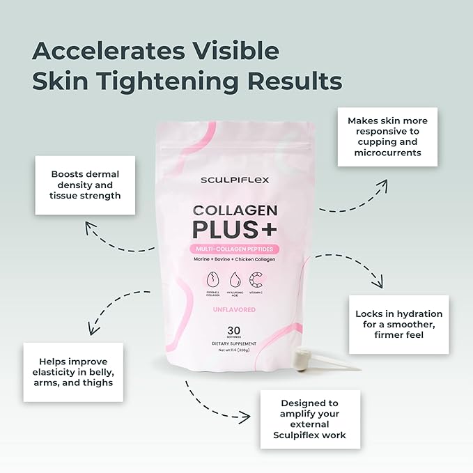 Sculpiflex Hydrolyzed Collagen Peptides Powder Marine Bovine and Chicken Unflavored Multi Collagen Complex for Women Firms Skin and Boosts Elasticity Hydrating with Hyaluronic Acid (30 Servings)