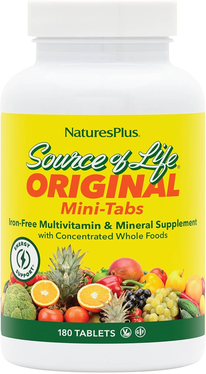 NaturesPlus Source of Life No Iron - 180 Mini-Tabs - Multivitamin &amp Mineral Supplement - Supports Natural Energy &amp Overall Well-Being - Gluten Free Vegetarian - 30 Servings