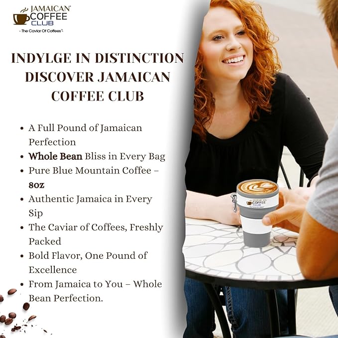 JamaicanCoffeeClub 100% Blue Mountain Whole Bean Coffee WB 8oz Jamaican Roasted Beans Smooth Rich Flavor Handpicked Gourmet Beans Bold Medium Roast Fresh Pack Premium Jamaican Coffee