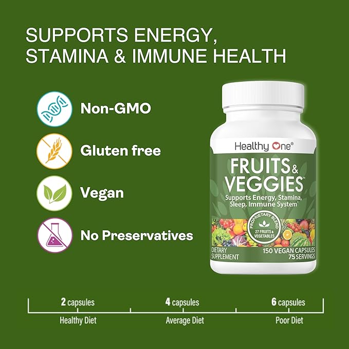 Fruits &amp Veggies Formula - 27 Premium Whole Foods - Organic Ingredients - Equals 3 Servings of Fruits &amp Vegetables - Improve Energy Focus &amp Immune Function - Fiber - Antioxidants - 150ct