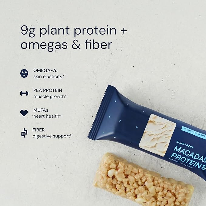 Blueprint Bryan Johnson Macadamia Nut Protein Bars – 9G Plant Protein – Vegan Low Carb Low Sugar Keto-Friendly Snacks - Non-GMO Raw Nut Bar Natural Ingredients (White Cocoa - 12 Pack)