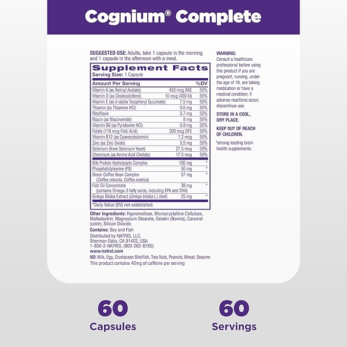 Natrol Cognium Complete Dietary Supplement for Brain Health Brain Health Supplements for Adults 60 Capsules 30 Day Supply