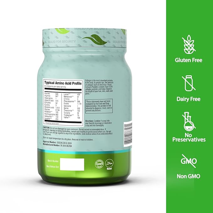 ORZAX Collagen Peptides Powder - 11 g Collagen Type I &amp III Biotin &amp Hyaluronic Acid 16 oz (Unflavored)