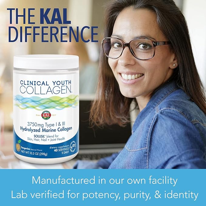 KAL Clinical Youth Collagen | Healthy Skin Hair Nail and Joint Support | Vitamin C | Natural Tangerine Flavor | 10.5oz 40 Serv.
