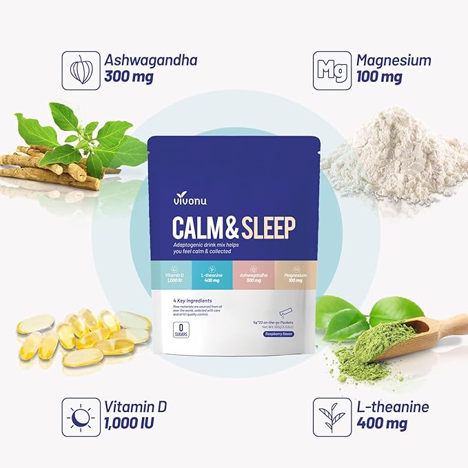 VivoNu Calm &amp Sleep Powdered Drink Mix Raspberry L Theanine Ksm-66 Ashwagandha Magnesium Glycinate Vitamin D 3 Supplements for Relaxation &amp Focus No Sugar Non GMO