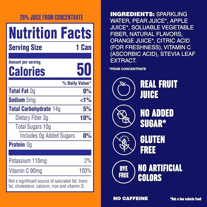 PLEZi FiZZ Orange Mango Sparkling Juice - Healthy Soda Alternative with Real Fruit Juice No Added Sugar - Low Sugar Sparkling Drink - Good Source of Fiber 12 Fl Oz (12 Pack)