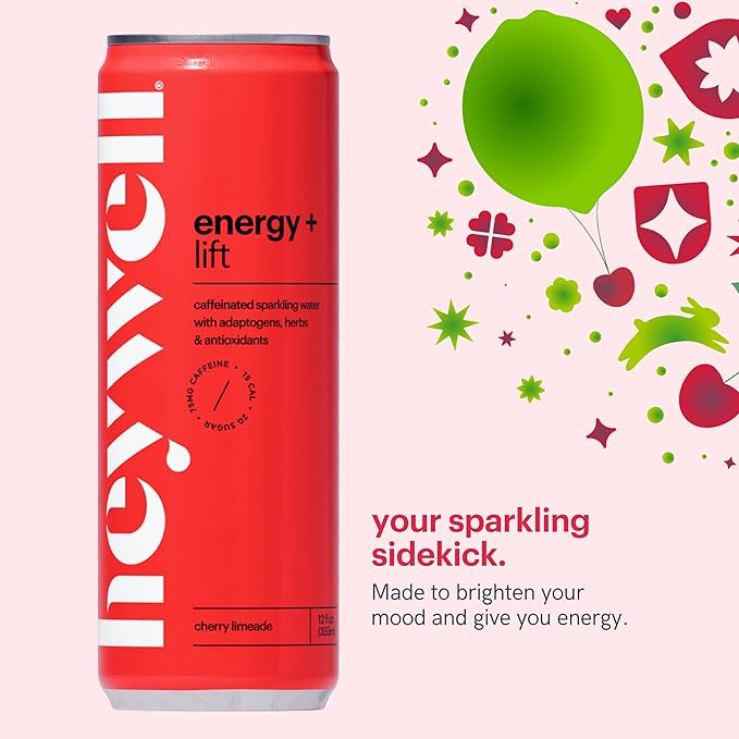 Heywell Sparkling Adaptogenic Water Energy and LIft Cherry Limeade Flavor 12 Fluid Ounce (Pack of 12) - Caffeinated Organic Non GMO Vegan Gluten Free Dairy Free