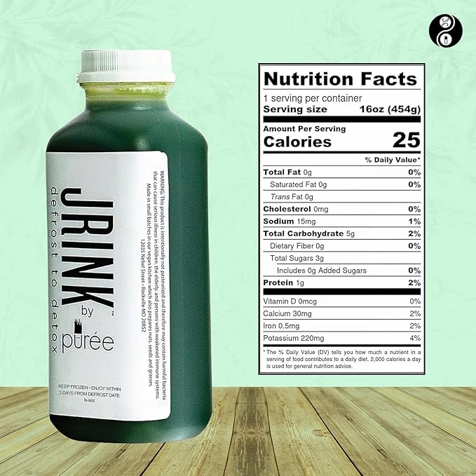 JRINK by Purée Daily Green Juice Cold Pressed Organic Fruit and Vegetable Blend Detox Cleanse Healthy Raw Greens Drink No Preservatives Juice Cleanse 16oz HDPE Bottles Pack of 12
