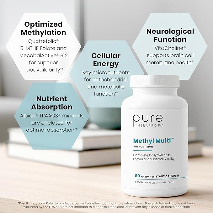 Pure Therapro Rx Methylated Multivitamin for Men and Women | Methyl Multi Without Iron + Methyl B12 &amp Methylfolate | Pharma Grade | 60 Capsules 1-Month Supply
