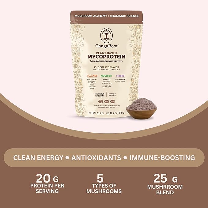 Mycoprotein Mushroom Protein Powder Chocolate Flavor 20g Plant Based Protein per Serving Reishi Chaga Lions Mane Shiitake Turkey Tail Vegan Gluten Free Coffee Smoothies 1.76 lb