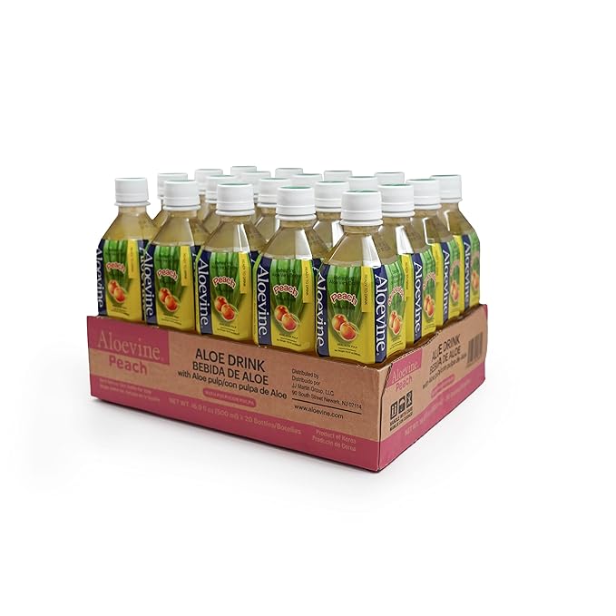 Aloevine Aloe Vera Drink Peach – Drink Aloe Juice with Real Aloe Chunks | Healthy Plant-Based Korean Beverage | Aloe Vera Juice | 16.9 oz Bottles (20 Pack)