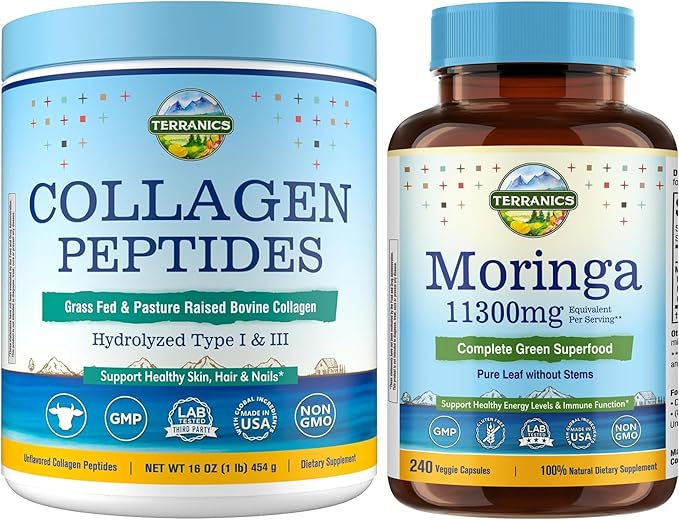 Terranics Collagen Peptides &amp Moringa Capsules Bundle - Hydrolyzed Collagen Powder from Grass-Fed Bovine + 11300mg Pure Moringa Oleifera Powder - Types I &amp III Collagen - 16oz &amp 240 Capsul