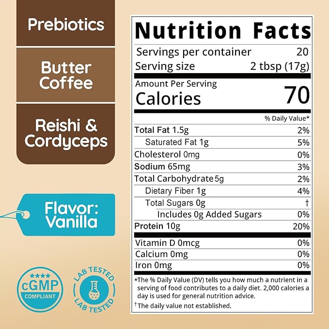 Whey Protein Coffee Collagen Protein Iced Coffee with Prebiotic Mushrooms &amp Butter Natural Energy without Jitters - Decaf No Artificial Additives &amp Sweeteners Vanilla 20 Servings