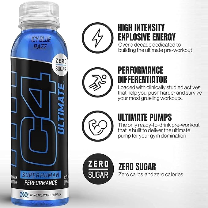 C4 Ultimate Non-Carbonated Zero Sugar Energy Drink Pre Workout Drink + Beta Alanine 12 Fl Oz (Pack of 24)