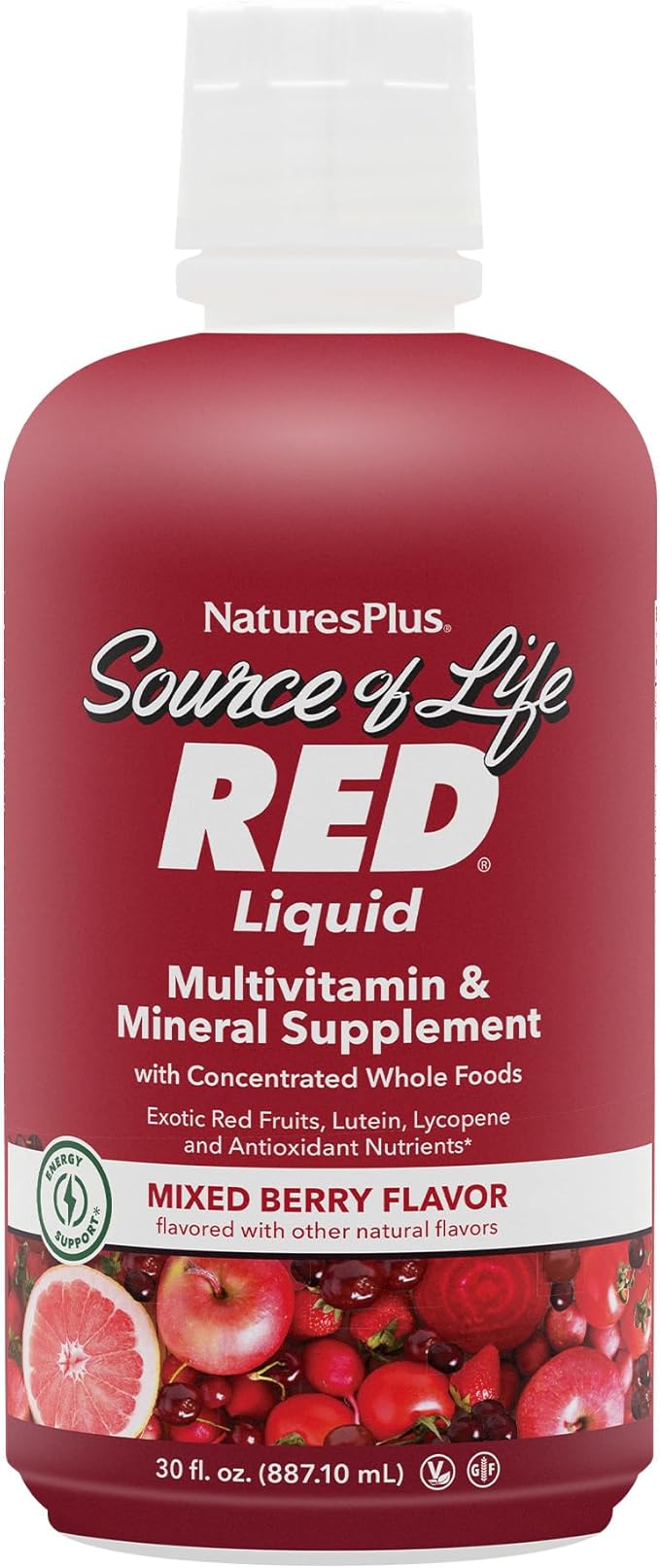 NaturesPlus Source of Life RED Multivitamin Liquid - 30 oz - Energy &amp Immune Support - with Exotic Red Fruits Lycopene &amp Lutein - Vegetarian &amp Gluten Free - 30 Servings