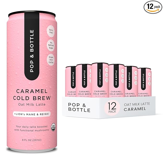 Pop &amp Bottle Oat Milk Lattes - Cold Brew With Lions Mane &amp Reishi Mct Oil Single Shot Cold Brew Mushrooms Organic Dairy Free Gluten Free Great As Iced Coffee Lightly Sweetened With Da
