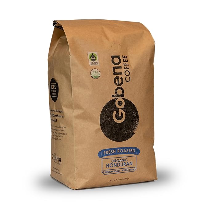 Gobena Coffee 5lb Fair Trade Organic Certified Honduran Medium Roast Whole Bean 100% Arabica Specialty Coffee 80 ounces 5 pounds Bulk
