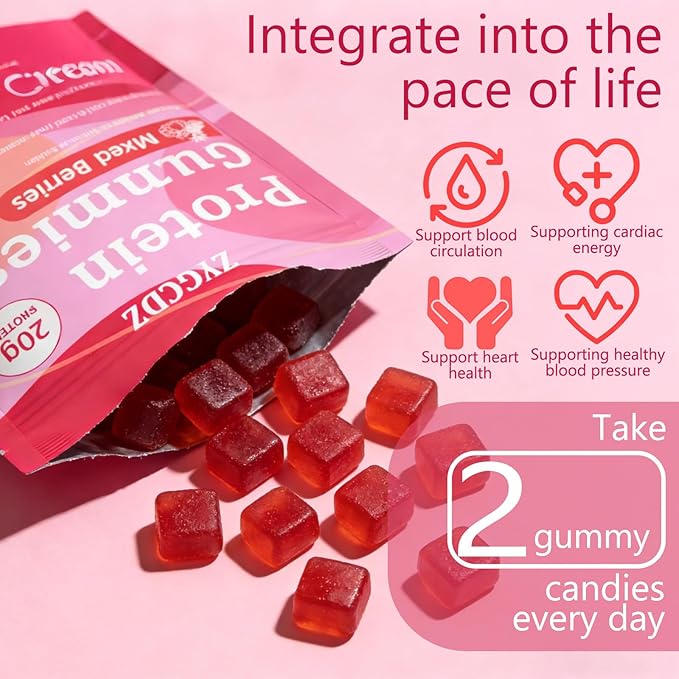 Protein Gummies for Women &amp Men 20g Protein per Serving Zero Sugar Vegan Supports Hair Skin Nails Health with Collagen Energy Boosting Supplement Mixed Berries Flavor 60 Gummies (1) (1)
