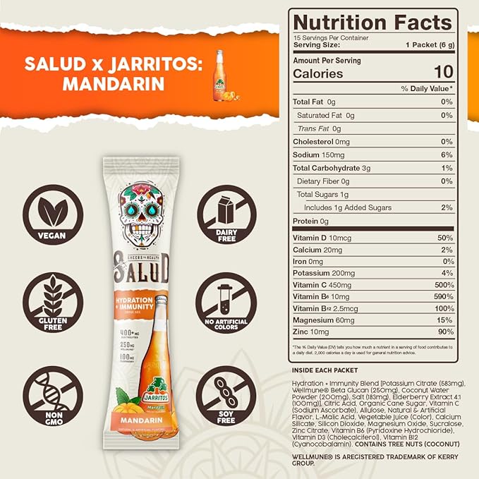 Salud x Jarritos 2-in-1 Hydration Packets + Immunity Electrolytes Powder Mandarin - Agua Fresca Drink Mix Elderberry Dairy &amp Soy Free Non-GMO Gluten Free Vegan 1g Sugar (15 Servings)